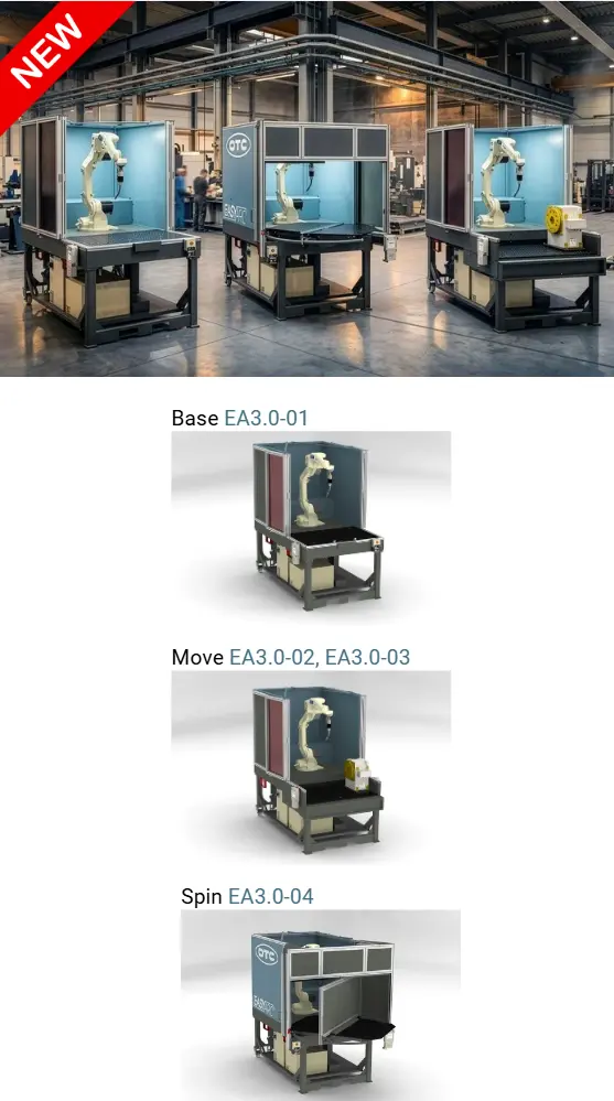 Roboterarbeitsplatz in einer geschlossenen Einheit mit einem Industrieroboter und Steuerungssystem.